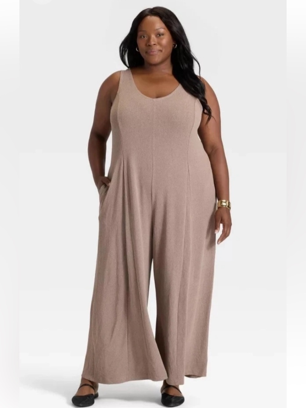 Ava & Viv Women's V-Neck Wide leg Jumpsuit Taupe/Tan NWOT